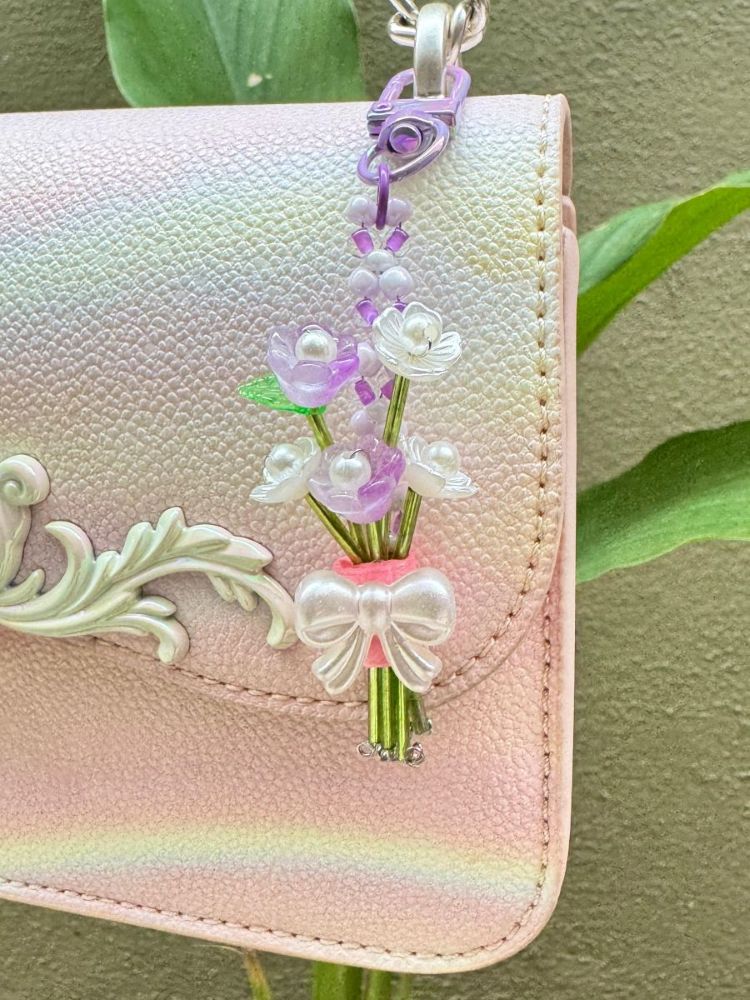 Lilac Dusk Charm — handmade violet and pearl flower bag charm by MeShanvi Studio