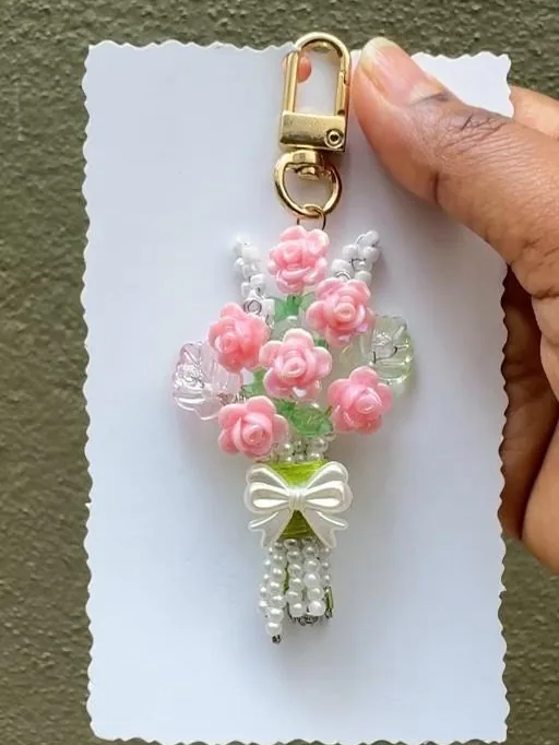 Cherry Blossom Bouquet Charm — handmade soft pink and white rose bouquet keychain by MeShanvi Studio