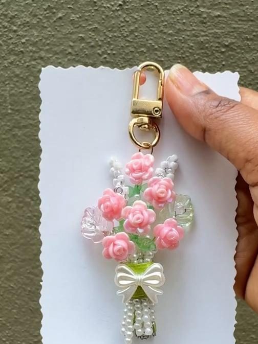Cherry Blossom Bouquet Charm — handmade soft pink and white rose bouquet keychain by MeShanvi Studio