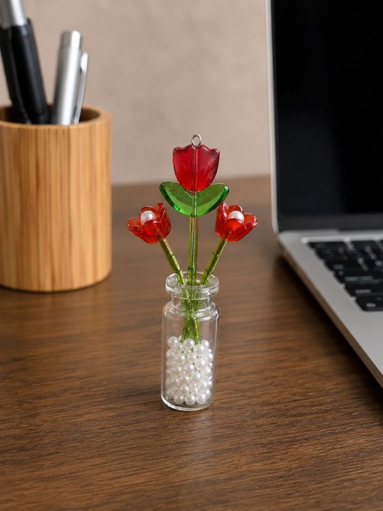 Scarlet Rose Bottle — handmade red roses in a pearl-filled glass bottle by MeShanvi Studio