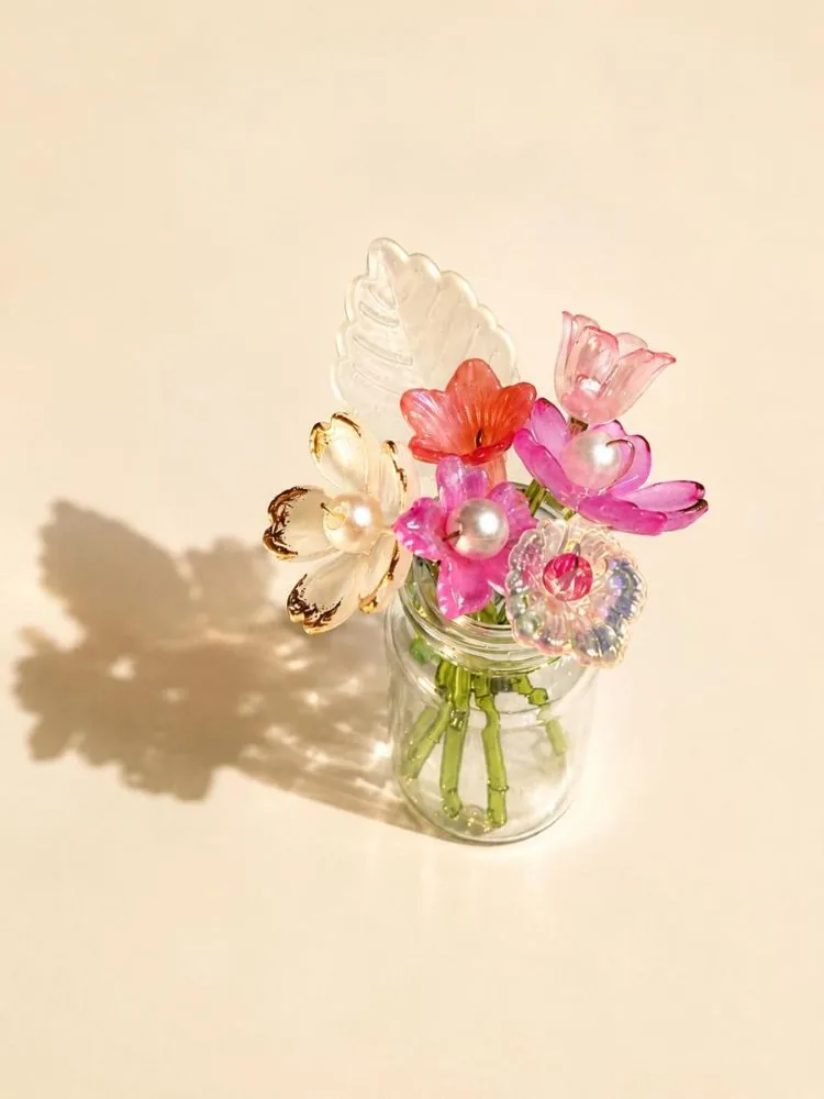 Sunlit Bloom Jar — handmade pink, coral and gold flowers in a glass jar by MeShanvi Studio