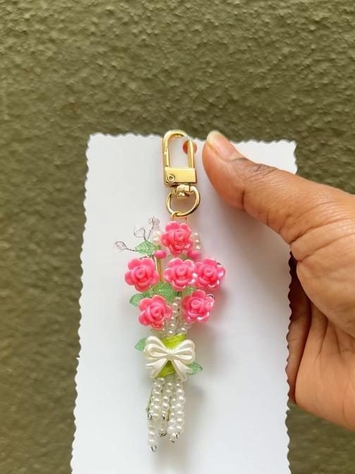 Peony Pink Bouquet Charm — handmade bright pink rose bouquet keychain by MeShanvi Studio