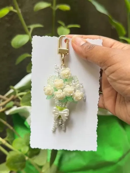 Vanilla Cream Bouquet Charm — handmade ivory rose bouquet keychain by MeShanvi Studio
